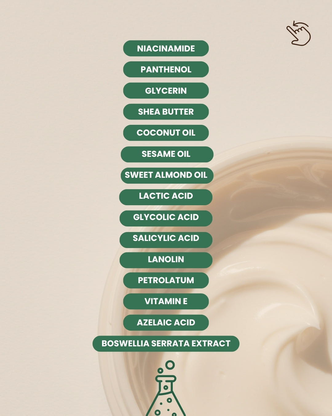List of key ingredients in Dr. Tagy Velvet Heel Foot Care Cream, including Shea Butter, Almond Oil, Niacinamide, and Glycerin, displayed with a lab icon on a beige background.