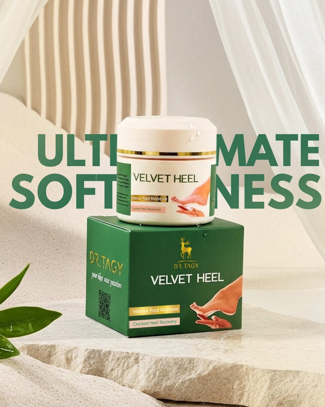 Dr. Tagy Velvet Heel Foot Care Cream and box packaging displayed on a soft fabric surface with the text “Ultimate Softness,” highlighting hydration, repair, and smooth skin results.